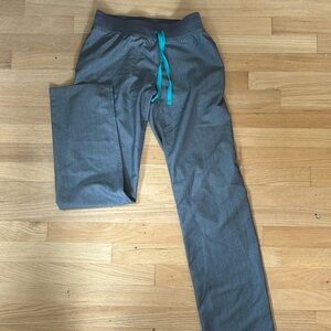 grey and teal open bottom fig pants